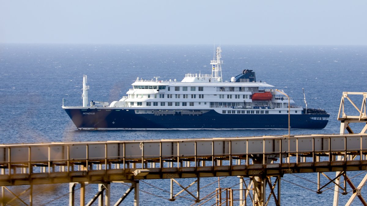 Dutch cruise ship MV Hondius is anchored off the coast of the city of Praia on the island of Santiago, Cape Verde, May 4, 2026. (EPA Photo)