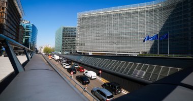 Cars wait in a traffic jam in the European district, Brussels, Belgium, April 22, 2026. (EPA Photo)