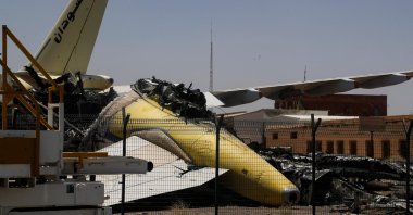 Heavily damaged aircraft are seen at Khartoum International Airport in Khartoum, Sudan, April 28, 2026. (AFP Photo)