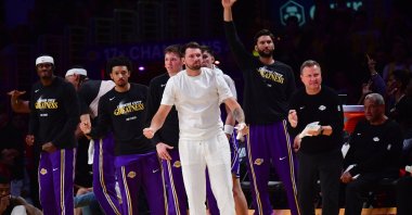 Los Angeles Lakers' Luka Doncic (C) and the bench react against the Houston Rockets during the second half in game five of the first round of the 2026 NBA Playoffs at Crypto.com Arena, Los Angeles, U.S., April 29, 2026. (Reuters Photo)