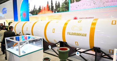 A general view of Türkiye's first intercontinental ballistic missile (ICBM), named "Yıldırımhan," debuted during the SAHA 2026 defense expo, Istanbul, Türkiye, May 5, 2026. (AA Photo)