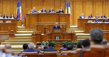 Romania's Prime Minister Ilie Bolojan delivers his speech before a no-confidence vote on his cabinet during a plenary session of the parliament in Bucharest, Romania, May 5, 2026. (EPA Photo)
