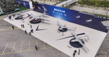 Drones manufactured by Turkish powerhouse Baykar are on display at the SAHA 2026 fair, Istanbul, May 5, 2026.