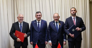 Ambassador Serdar Kılıç, special envoy of Türkiye for normalization with Armenia, Vice President Cevdet Yılmaz, Armenian Prime Minister Nikol Pashinyan and envoy Ruben Rubinyan pose for a photo after signing an agreement in Yerevan, May 4, 2026. (IHA Photo)