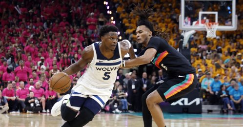 Minnesota Timberwolves' Anthony Edwards (L) drives around San Antonio Spurs' Stephon Castle during the second half of a game in Game One of the Second Round of the NBA Western Conference Playoffs at Frost Bank Center, San Antonio, U.S., May 4, 2026. (AFP Photo)