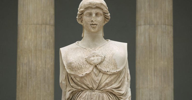 The Athena Parthenos statue stands at the Pergamon Museum during renovation work, Berlin, Germany, Dec. 4, 2025. (Getty Images Photo)
