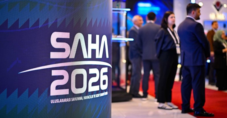 The SAHA 2026 logo is seen in the Istanbul Expo Center during the first day of the event, Istanbul, Türkiye, May 5, 2026. (AA Photo)