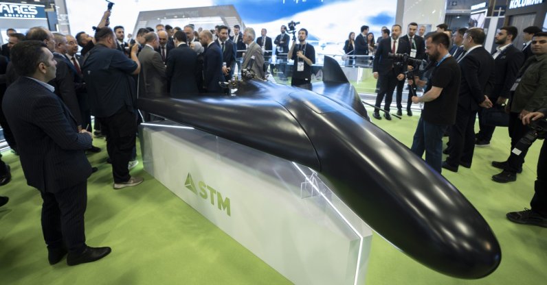 The Kuzgun long-range kamikaze unmanned aerial vehicle is on display at the SAHA 2026 trade show, Istanbul, Türkiye, May 5, 2026. (AA Photo)