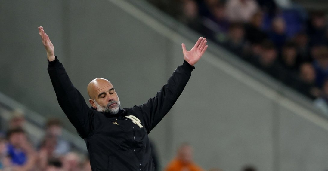 Manchester City manager Pep Guardiola reacts during the Premier League match against Everton at Hill Dickinson Stadium, Liverpool, Britain, May 4, 2026. (Reuters Photo)