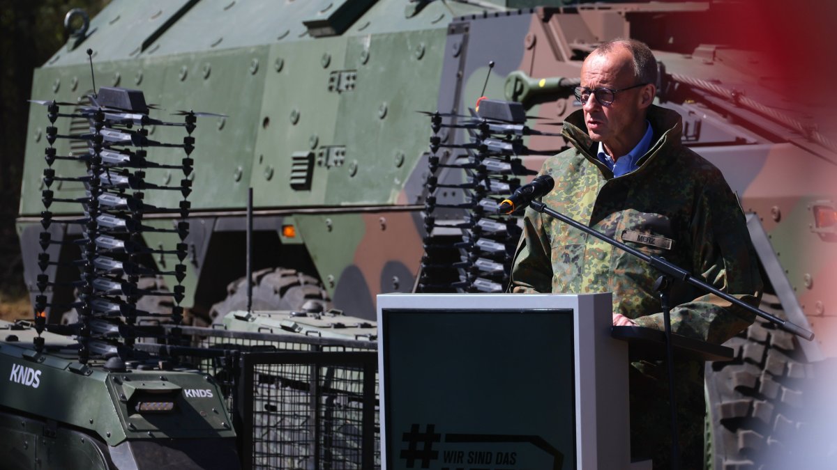 German Chancellor Friedrich Merz gives a press statement beside drones as he attends an exercise of the German armed forces (Bundeswehr), Munster, Germany, April 30, 2026. (EPA Photo)