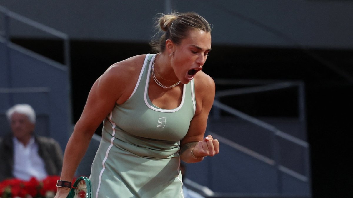 Belarus' Aryna Sabalenka reacts during her Madrid Open quarterfinal match against Hailey Baptiste of the U.S. at Park Manzanares, Madrid, Spain, April 28, 2026. (Reuters Photo)