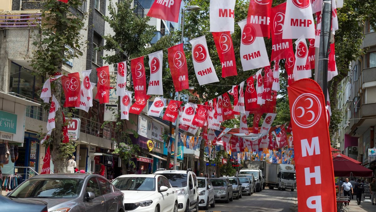 Flags of the MHP hang above a street, Istanbul, Türkiye, June 21, 2018. (Shutterstock Photo)
