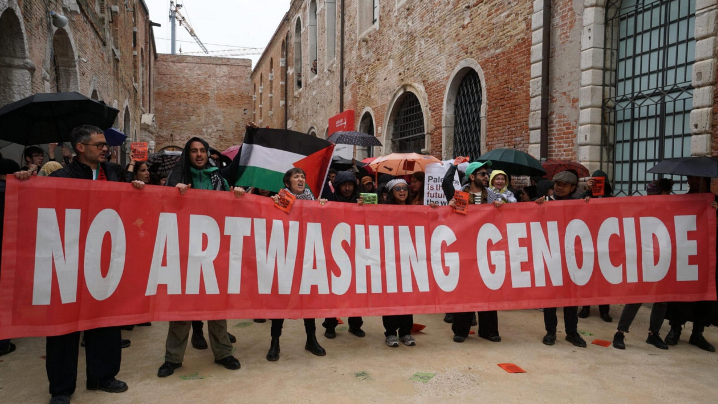 People protest during the opening of the 61st International Art Exhibition (Biennale Arte 61) against the presence of the Israeli pavilion at the event, in Venice, Italy, May 6, 2026.