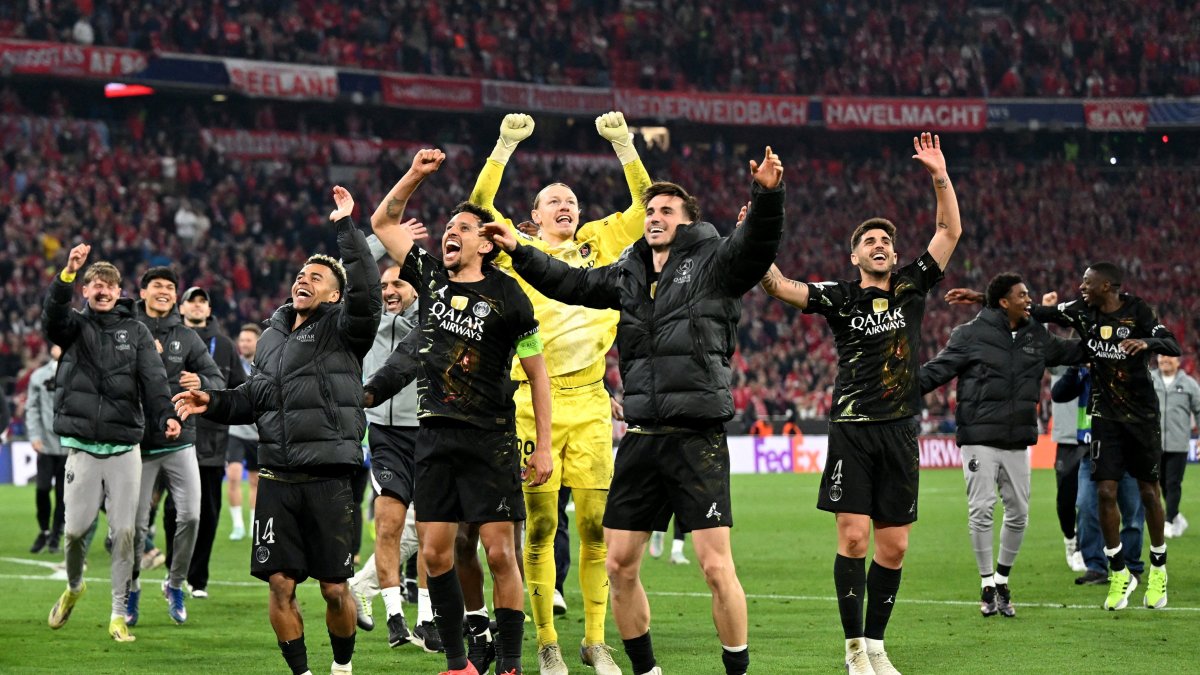 Paris St Germain's Desire Doue, Marquinhos, Matvey Safonov and Fabian Ruiz celebrate after defeating Bayern Munich and reaching the UEFA Champions League final at Allianz Arena, Munich, Germany, May 6, 2026. (Reuters Photo)
