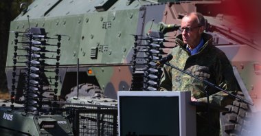 German Chancellor Friedrich Merz gives a press statement beside drones as he attends an exercise of the German armed forces (Bundeswehr), Munster, Germany, April 30, 2026. (EPA Photo)