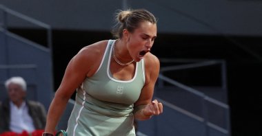 Belarus' Aryna Sabalenka reacts during her Madrid Open quarterfinal match against Hailey Baptiste of the U.S. at Park Manzanares, Madrid, Spain, April 28, 2026. (Reuters Photo)