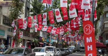 Flags of the MHP hang above a street, Istanbul, Türkiye, June 21, 2018. (Shutterstock Photo)