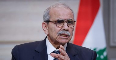 Lebanon's Prime Minister Nawaf Salam speaks during a joint declaration press event with French President following their meeting at the Elysee Presidential Palace in Paris, April 21, 2026. (AFP File Photo)