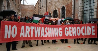 People protest during the opening of the 61st International Art Exhibition (Biennale Arte 61) against the presence of the Israeli pavilion at the event, in Venice, Italy, May 6, 2026.