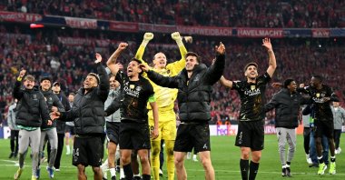 Paris St Germain's Desire Doue, Marquinhos, Matvey Safonov and Fabian Ruiz celebrate after defeating Bayern Munich and reaching the UEFA Champions League final at Allianz Arena, Munich, Germany, May 6, 2026. (Reuters Photo)