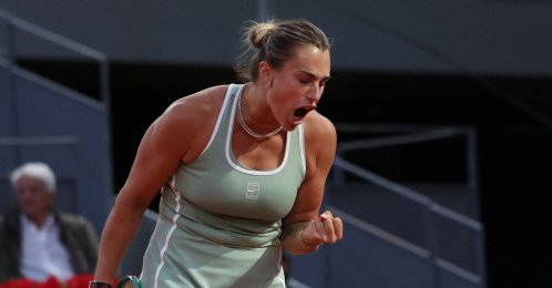 Belarus' Aryna Sabalenka reacts during her Madrid Open quarterfinal match against Hailey Baptiste of the U.S. at Park Manzanares, Madrid, Spain, April 28, 2026. (Reuters Photo)