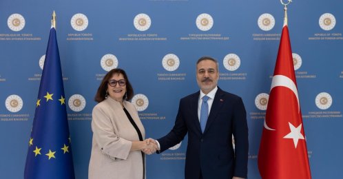 Foreign Minister Hakan Fidan and European Commissioner for the Mediterranean Dubravka Suica shake hands as they meet in Ankara, May 6, 2026. (DHA Photo)