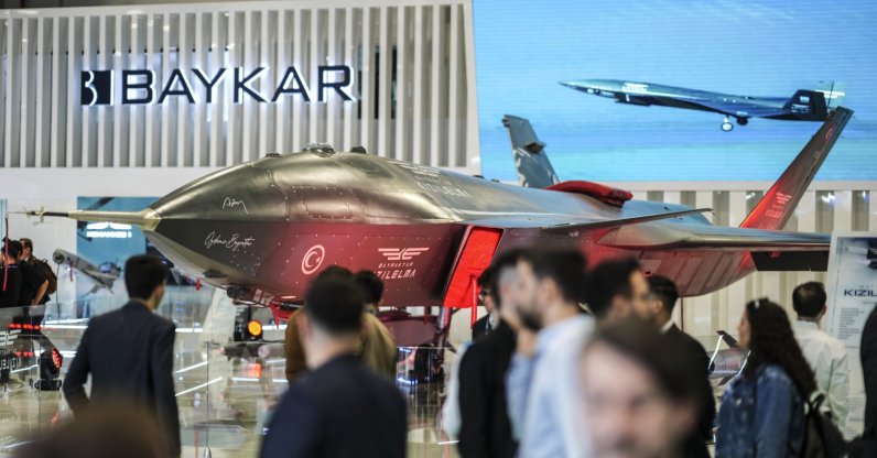 The Bayraktar Kızılelma unmanned combat aircraft is on display at the SAHA 2026 defense fair, Istanbul, Türkiye, May 5, 2026. (AA Photo)