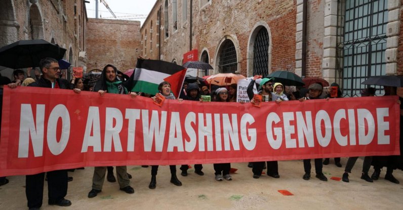 People protest during the opening of the 61st International Art Exhibition (Biennale Arte 61) against the presence of the Israeli pavilion at the event, in Venice, Italy, May 6, 2026.