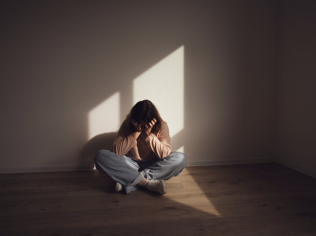 A young woman sits on the floor in a dark room, holding her head in anguish. (Shutterstock Photo)