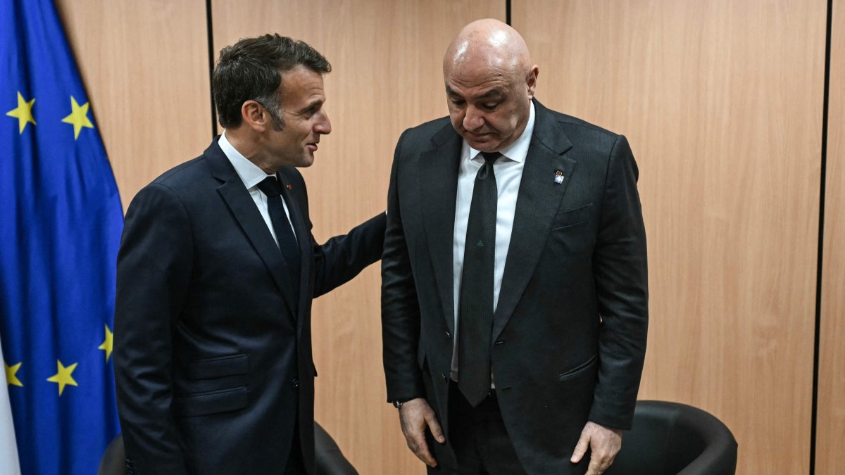 France's President Emmanuel Macron (L) meets with Lebanon's President Joseph Aoun in Nicosia on April 24, 2026, on the sidelines of a European summit. European leaders vowed on April 24 to do more to de-escalate conflicts in the Middle East, as they prepared for discussions with regional counterparts from Egypt, Lebanon and Syria in Cyprus. (Photo by NICOLAS TUCAT / POOL / AFP)