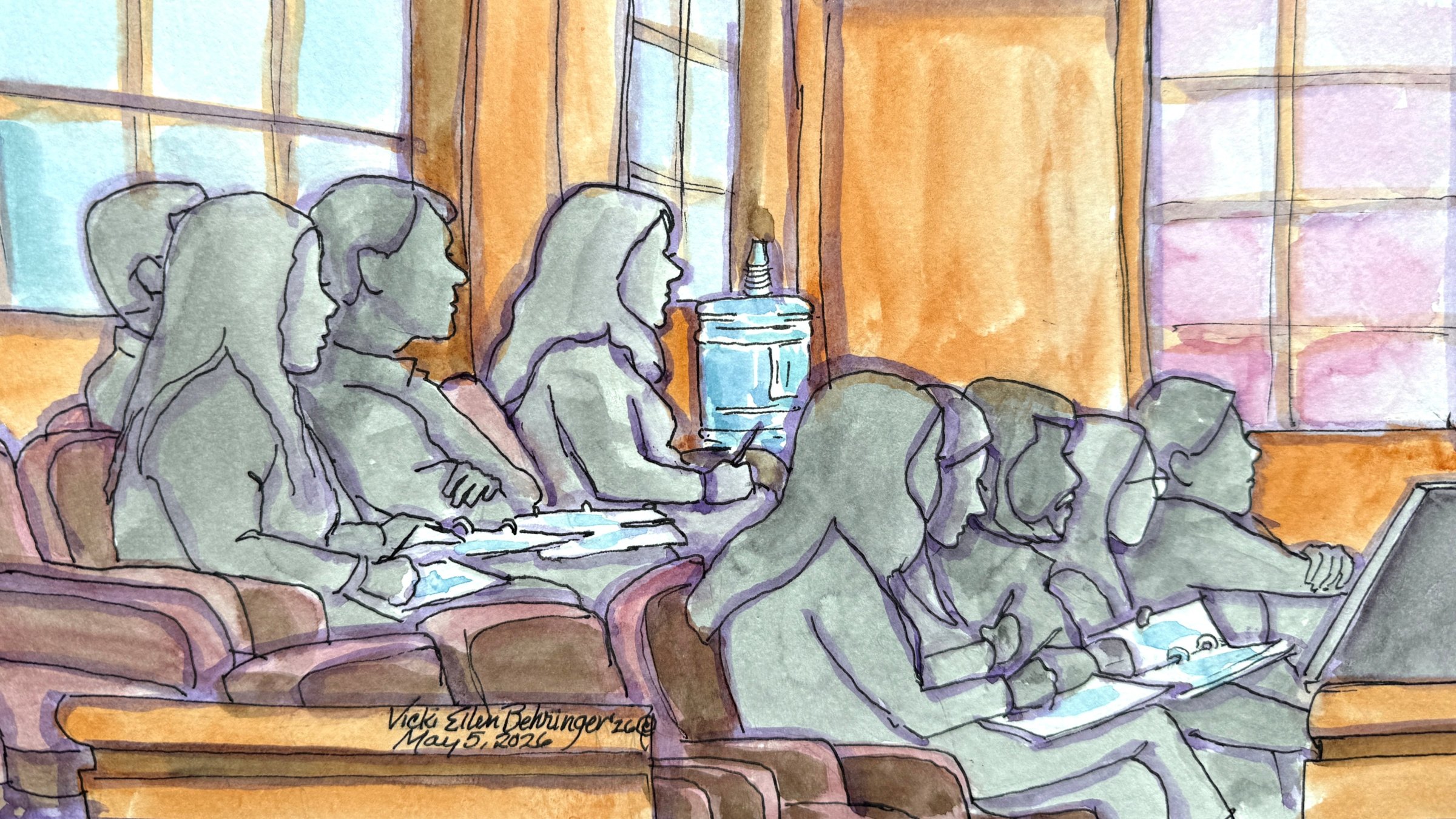 A courtroom sketch shows the jury attending Elon Musk's lawsuit trial over OpenAI's for-profit conversion at a federal courthouse in Oakland, California, U.S., May 5, 2026. (Reuters Photo)
