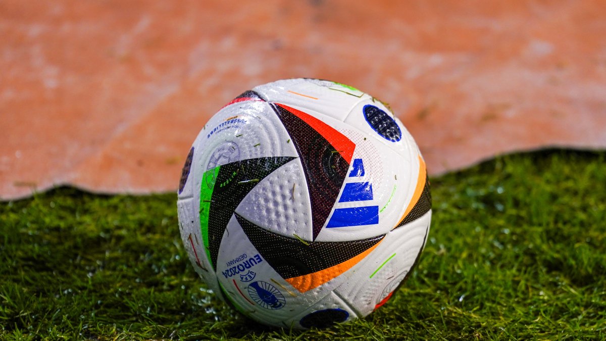 The Adidas official match ball “FUSSBALLLIEBE,” featuring Connected Ball Technology, is seen during the UEFA EURO 2024 Group F qualifier between Belgium and Azerbaijan at King Baudouin Stadium, Brussels, Belgium, Nov. 19, 2023. (Getty Images Photo)