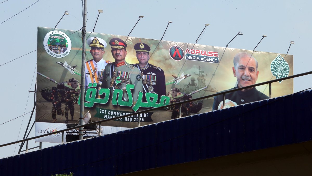 A billboard marking the first anniversary of a conflict with India is seen along a roadside in Karachi, Pakistan, May 7, 2026. (EPA Photo)