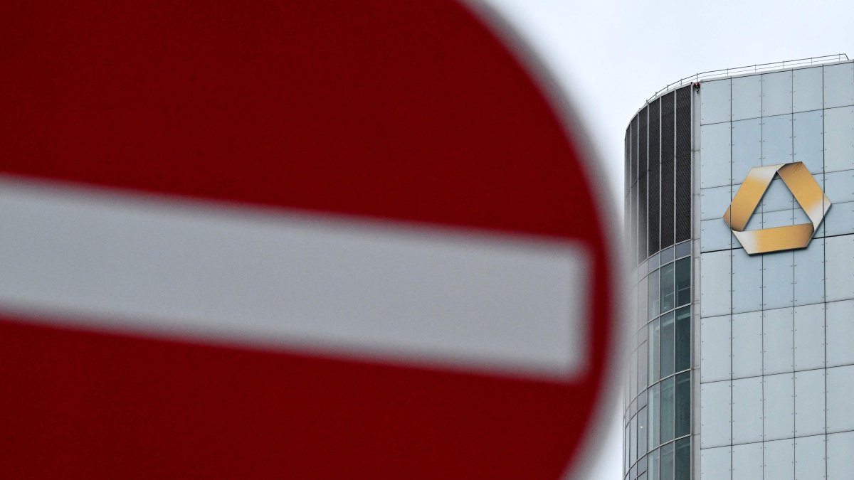 Commerzbank's logo is pictured on the Commerzbank building in the banking district in Frankfurt am Main, western Germany, May 4, 2026. (AFP Photo)