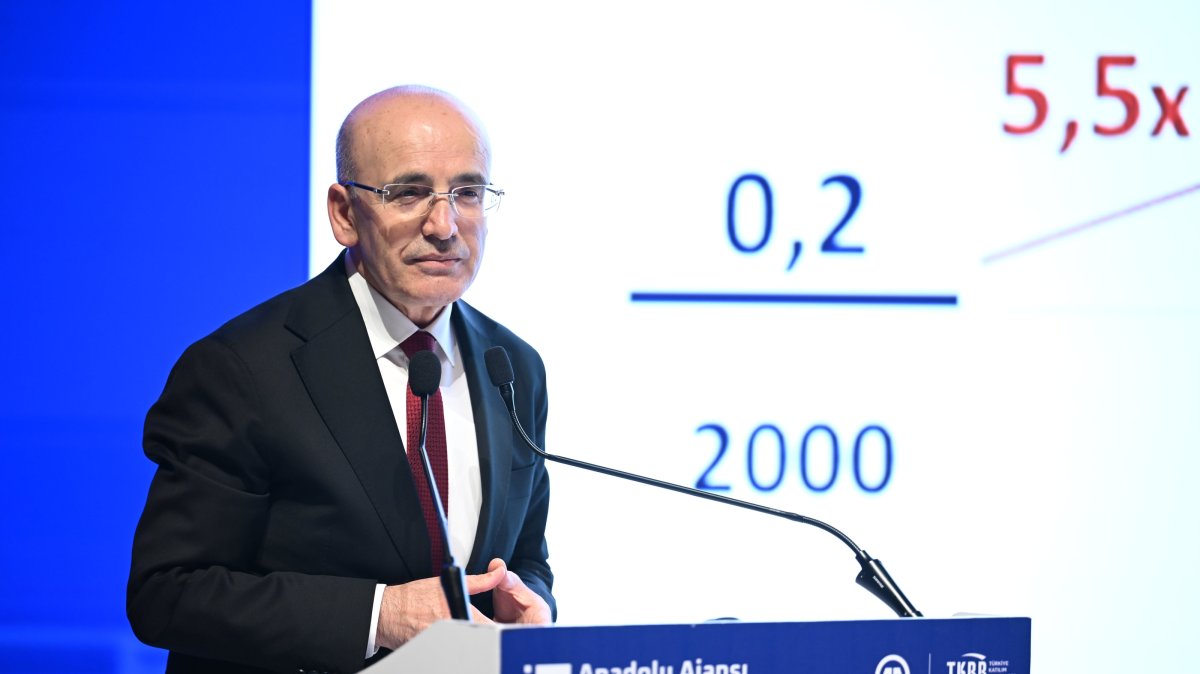 Treasury and Finance Minister Mehmet Şimşek speaks during the Anadolu Agency Participation Finance Summit, Istanbul, Türkiye, May 7, 2026. (AA Photo)