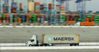A truck transports a Maersk container at APM Terminals at the Port of Los Angeles, California, U.S., March 4, 2026. (Reuters Photo)