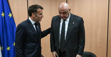 France's President Emmanuel Macron (L) meets with Lebanon's President Joseph Aoun in Nicosia on April 24, 2026, on the sidelines of a European summit. European leaders vowed on April 24 to do more to de-escalate conflicts in the Middle East, as they prepared for discussions with regional counterparts from Egypt, Lebanon and Syria in Cyprus. (Photo by NICOLAS TUCAT / POOL / AFP)