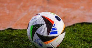 The Adidas official match ball “FUSSBALLLIEBE,” featuring Connected Ball Technology, is seen during the UEFA EURO 2024 Group F qualifier between Belgium and Azerbaijan at King Baudouin Stadium, Brussels, Belgium, Nov. 19, 2023. (Getty Images Photo)