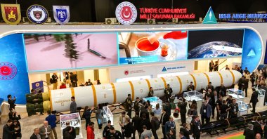 A general view of visitors next to the Yıldırımhan ballistic missile, Türkiye's first ICBM, during the SAHA 2026 defense fair, Istanbul, Türkiye, May 5, 2026. (AA Photo)