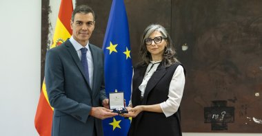 Spanish Prime Minister Pedro Sanchez presents the Commander's Cross of the Order of Civil Merit to Francesca Albanese, at Moncloa Palace in Madrid, Spain, May 07, 2026. (Photo by Pablo Blazquez Dominguez/Getty Images)