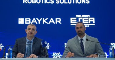Baykar CEO Haluk Bayraktar (L) alongside Gruppo Esea CEO Alessandro Liberatore during a signing ceremony at SAHA 2026, Istanbul, Türkiye, May 7, 2026. (AA Photo)
