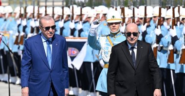 President Recep Tayyip Erdoğan walks with Algerian President Tebboune after his arrival at the presidential complex, Ankara, Türkiye, May 7, 2026.  (AA Photo) 