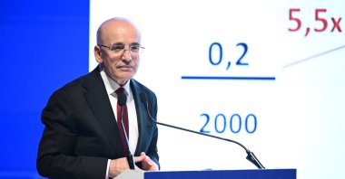 Treasury and Finance Minister Mehmet Şimşek speaks during the Anadolu Agency Participation Finance Summit, Istanbul, Türkiye, May 7, 2026. (AA Photo)