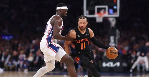 New York Knicks' Jalen Brunson (R) dribbles against Philadelphia 76ers' Adem Bona during the first quarter in Game Two of the Second Round of the NBA Eastern Conference Playoffs at Madison Square Garden, New York City, U.S., May 6, 2026. (AFP Photo)