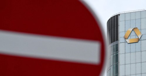 Commerzbank's logo is pictured on the Commerzbank building in the banking district in Frankfurt am Main, western Germany, May 4, 2026. (AFP Photo)