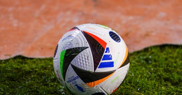 The Adidas official match ball “FUSSBALLLIEBE,” featuring Connected Ball Technology, is seen during the UEFA EURO 2024 Group F qualifier between Belgium and Azerbaijan at King Baudouin Stadium, Brussels, Belgium, Nov. 19, 2023. (Getty Images Photo)