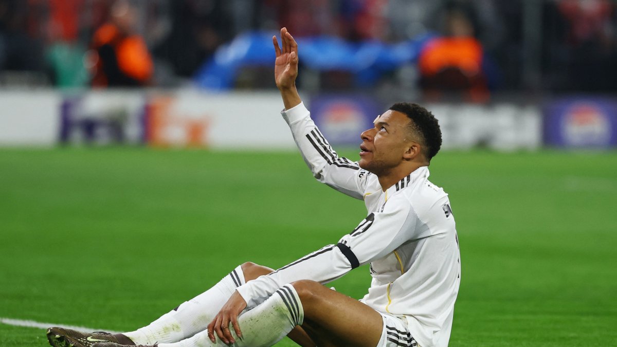 Real Madrid's Kylian Mbappe reacts during the UEFA Champions League quarterfinal second leg match against Bayern Munich at Allianz Arena, Munich, Germany, April 15, 2026. (Reuters Photo)