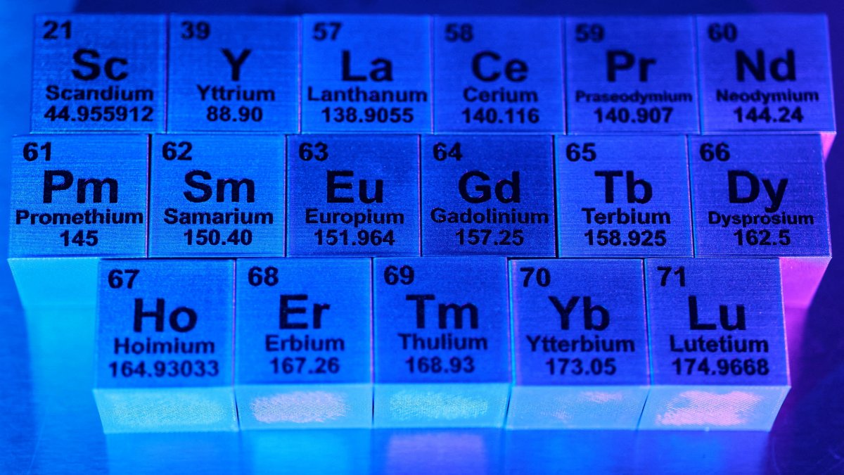 Blocks with symbols and atomic numbers of rare earth elements are seen in this illustration created on Jan. 21, 2026. (Reuters Photo)