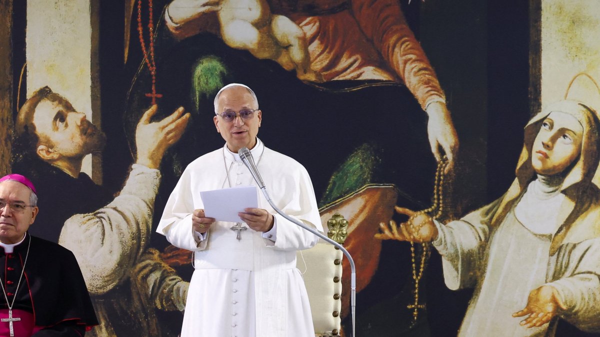 Pope Leo XIV speaks during a meeting with people from socially disadvantaged backgrounds, including the sick, the elderly, and people with disabilities near the Shrine of the Virgin of the Rosary of Pompei, Pompei,  Italy, May 8, 2026. (Reuters Photo)