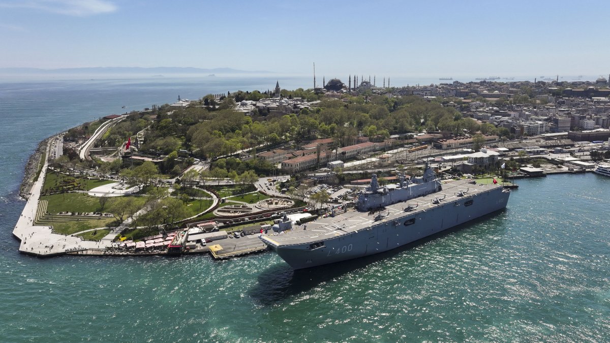 An aerial drone view shows the TCG Anadolu docked at Sarayburnu as part of a public exhibition during the SAHA Expo defense fair, Istanbul, Türkiye, May 7, 2026. (AA Photo)